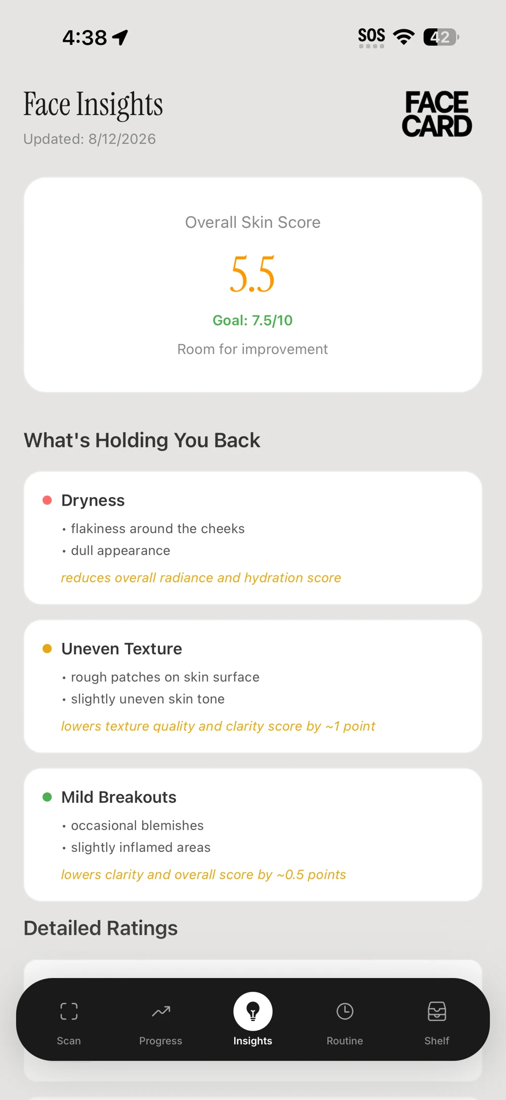 FaceCard insights overview with skin score and areas to focus on