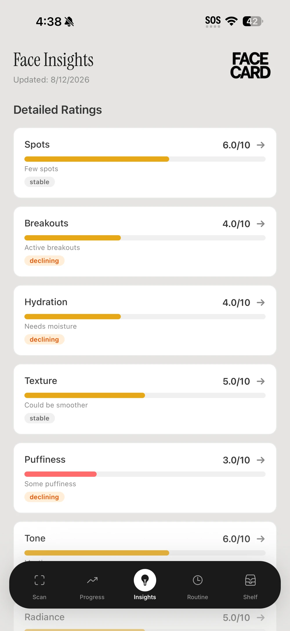 FaceCard detailed skin ratings