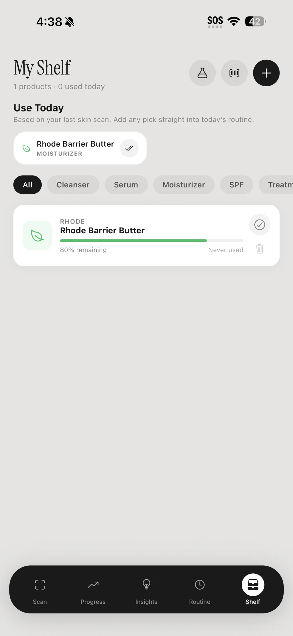 FaceCard My Shelf screen showing product categories and a saved skincare product